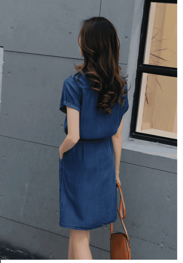 ĐẦM JEAN CỔ SƠ MI THẮT EO THÊU HOA 